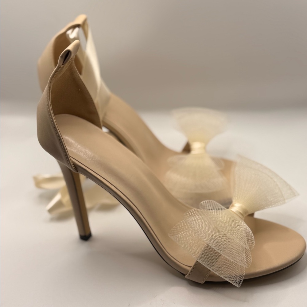 Size 8 - Cream Tulle Bow Ankle-Tie Heels for Women